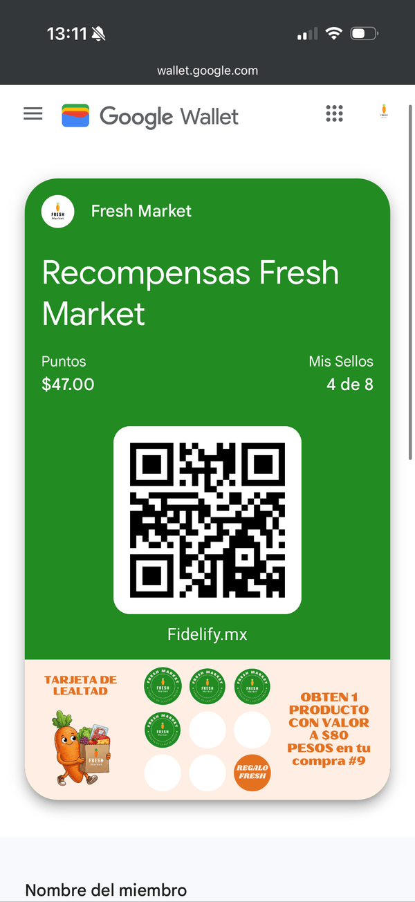 Pase de lealtad Fresh Market en Google Wallet