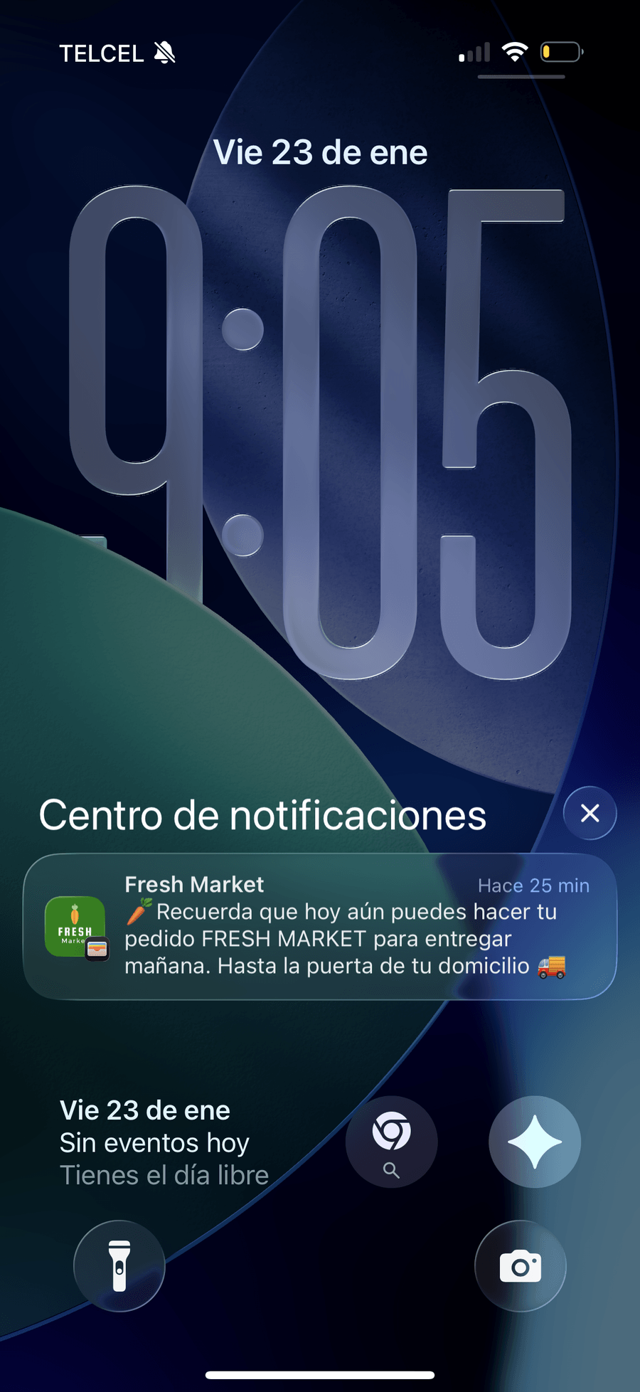 Notificacion push geolocalizada de Fresh Market en pantalla de bloqueo
